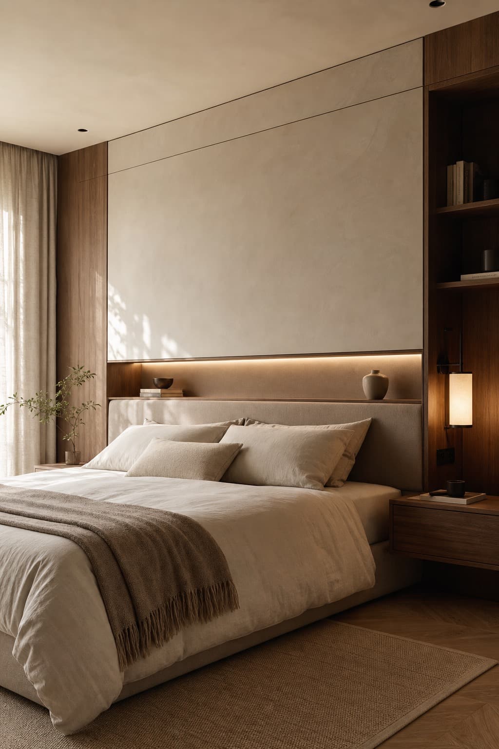 Calm bedroom with custom headboard and storage