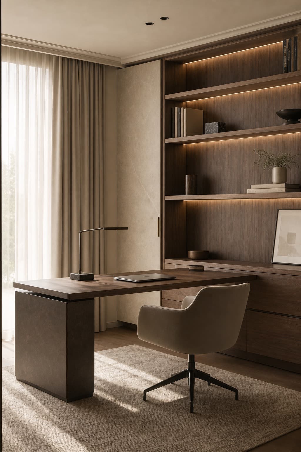 Refined home office with bespoke desk and shelving